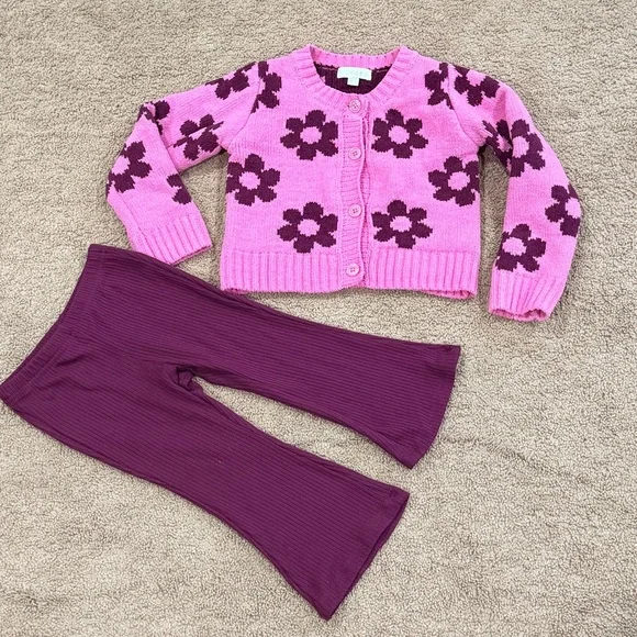 BTween Girls Pink Flower Cardigan & Ribbed Flare Pants Set Size 2T Like New - Picture 10 of 10